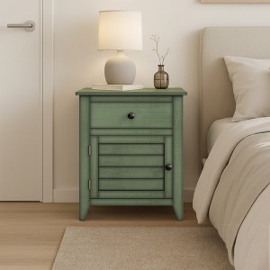 AENKYO Traditional Cottage Style Nightstand with Storage Drawer, Shaker Door End Table Distressed Finish for Bedroom - Vintage Green - 1 of 4