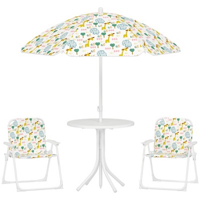 Qaba Kids Picnic Table and Chair Set, Outdoor Activity Table with 2 Foldable Chairs, Removable Umbrella, for Backyard, Garden
