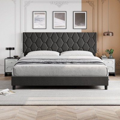 Whizmax Bed Frame Upholstered Platform with Headboard and Strong Wooden Slats, Non-Slip and Noise-Free,No Box Spring Needed, Easy Assembly, Gray