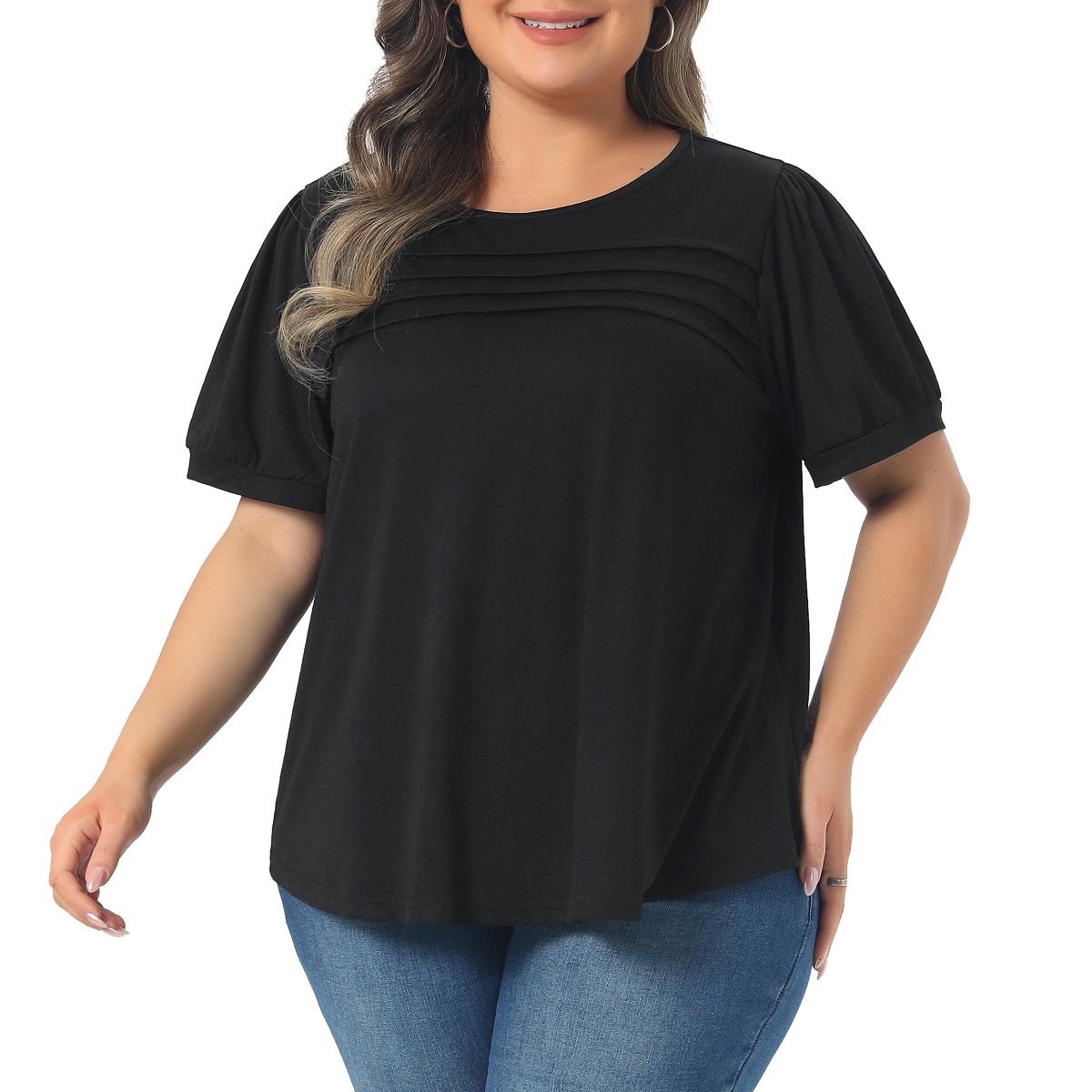 Women's Plus Size Crew Neck Short Sleeve Flowy Pleated Dressy Casual Tunic Blouses - Agnes Orinda