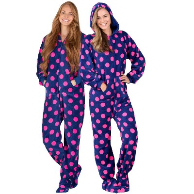 Footed Pajamas - Navy Pink Polka Adult Hoodie Chenille Onesie - Adult ...