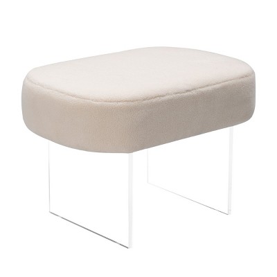 Ivory Faux Sheepskin Ottoman with Crystal-Clear Acrylic Legs