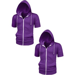 Lars Amadeus Men's Solid Color Zip Up Short Sleeves Sweatshirt with Drawstring Hood 2 Packs - 1 of 4