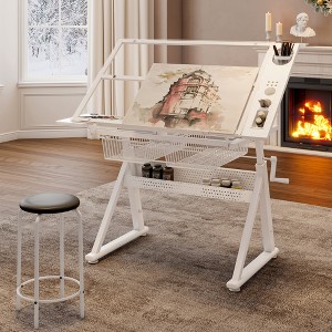 Glass and Metal Hand Crank Adjustable Drafting Table with Chair and Storage Space - 1 of 4