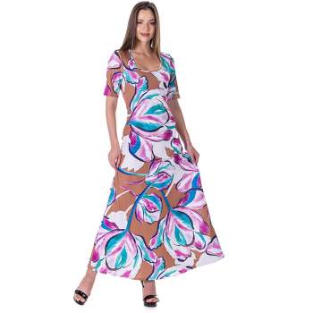 24seven Comfort Apparel Womens Pink Floral Elbow Sleeve Casual A Line Maxi Dress