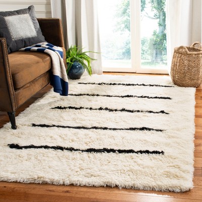 Hand-Knotted Black and Ivory Stripe Wool Square Rug - 7'