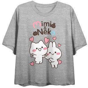 MiMi & Neko Happy Characters With Hearts Women's Heather Gray Short Sleeve Crew Neck Crop Tee - 1 of 3