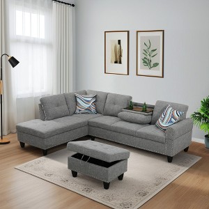 3-Piece Set Of Brown Grey Linen Combination Sofa L-Shaped Living Room Sofa - 1 of 3