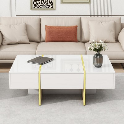 Minimalist High Gloss Coffee Table with 2 Drawers, Multi-Storage Rectangle Sofa Table with Golden Wood Grain Legs, Center Table for Living Room, White