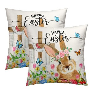 Happy Easter Throw Pillow Covers Set of 2 Easter Cute Bunny Eggs Flowers Spring - 1 of 4