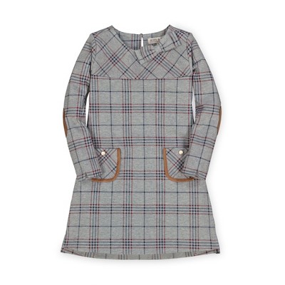 Image of Hope & Henry Girls' Quilted Ponte Riding Dress (Gray, Berry, and Navy Plaid, 12-18 Months)