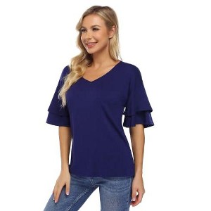 Womens V Neck Tunic Blouse Tiered Short Sleeves Loose Fit Summer Top Shirts - 1 of 3