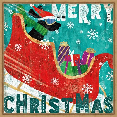 16" x 16" Merry Making III Dog Sled by Veronique Charron Framed Canvas Wall Art - Amanti Art