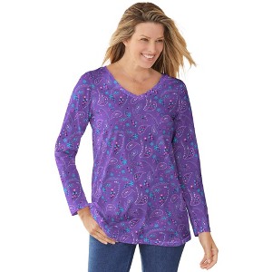 Woman Within Plus Size Perfect Printed Long-Sleeve V-Neck Tee - 1 of 4