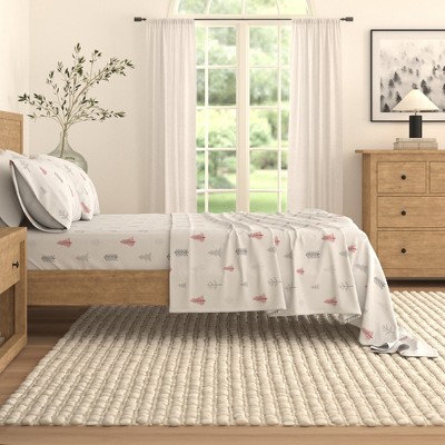 Winter Trees Red and Gray Cotton Flannel King Sheet Set