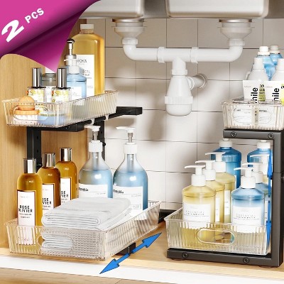 LunaLulinlk 2 Pack Acrylic Under Sink Organizer, 2-Tier Pull Out Bathroom Storage Organizer, Adjustable Storage Shelf for Pantry Kitchen