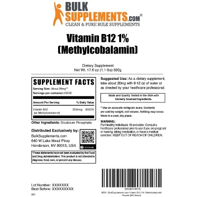 BulkSupplements Vitamin B12 (1% Methylcobalamin) Powder