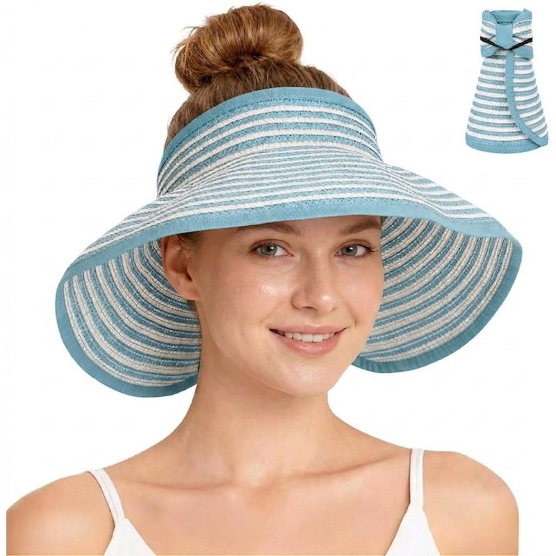 Anna-Kaci Women's Roll-Up Straw Visor Hat Wide Brim Striped Sun Hat Bow Adjustable Open Top Beach Cap, Aqua Blue Stripe