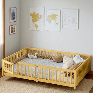 Mshliw Twin/Full/Queen Kids Floor Bed with Safety Guardrails & Door,Montessori Style Wooden Low Profile Platform Bed Frame for Toddlers, Kids Bedroom - 1 of 4