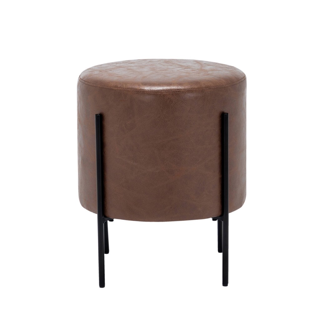 Photos - Pouffe / Bench 16" Modern Round Ottoman with Metal Base Light Brown Faux Leather - WOVENB