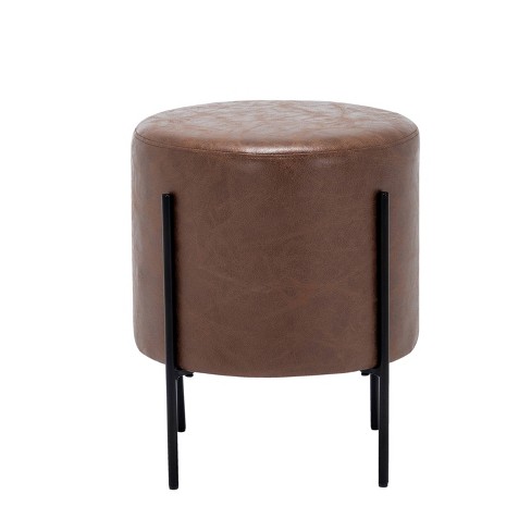 16 Modern Round Ottoman With Metal, Light Brown Leather Ottoman