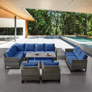 POCASSY 9 Piece Patio Furniture Set, Sectional Outdoor Conversation Set with L-Shape Sectional Sofa, Patio Couch, and Wicker Patio Chairs - 1 of 4