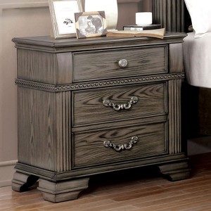 Vynxaria 1pc Traditional Gray Nightstand, Solid Wood/Wood Veneer, Felt-Lined Top Drawer, USB Charger, Satin Nickel Knobs/Pulls, Bracket Feet - 1 of 4