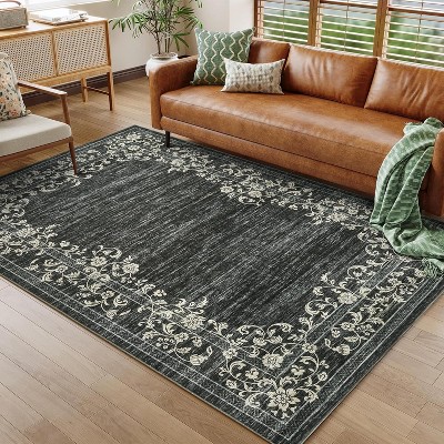 Washable Floral Print Area Rug with Bordered Design, Non-Slip, Ultra-Thin, Stain Resistant Floor Carpet for Living Room, Bedroom & Office