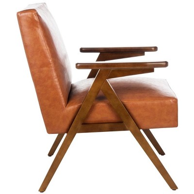 Cognac Faux Leather and Walnut Wood Mid-Century Accent Chair