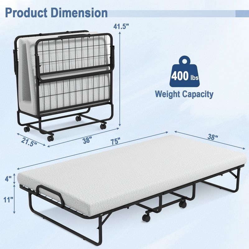 Costway Heavy Duty Foldable Bed Metal Guest Bed Daybed W/ 4 inch Mattress Memory Foam, 3 of 11