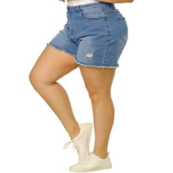 Agnes Orinda Women's Plus Size Denim High Waisted Raw Hem Stretched Distressed Lounge Jean Shorts