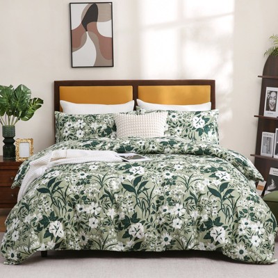 Cotton Duvet Cover Set – 100% Washed Cotton Reversible Floral Bedding with Zipper Closure, Soft Breathable 3-Piece Set