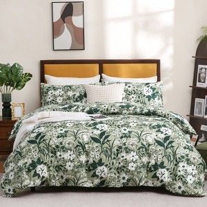 Cotton Duvet Cover Set – 100% Washed Cotton Reversible Floral Bedding with Zipper Closure, Soft Breathable 3-Piece Set - 1 of 4