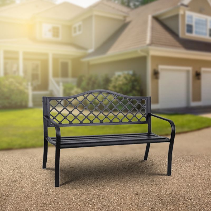 Four Seasons Courtyard Outdoor Park Bench Backyard Garden, Front Porch, or Walking Path Furniture Seating with Powder Coated Steel Frame, Black, 4 of 7