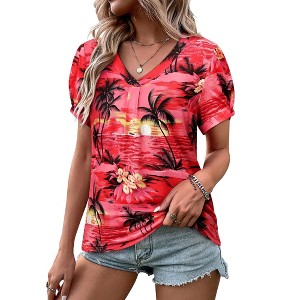 Nlife Womens Puff Short Sleeve Hawaiian Shirts Floral Tropic Printed Pleated V Neck Summer Casual T-Shirt Trendy Boho Blouses Tops - 1 of 4