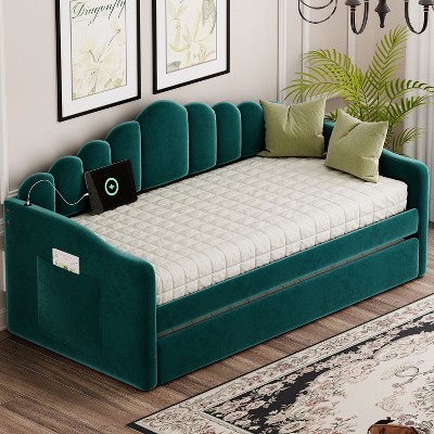 Kumasinova Twin Size Upholstered Daybed with Trundle,Sofa Bed Frame with USB Ports,Velvet Headboard for Bedroom,Living Room,No Box Spring Needed