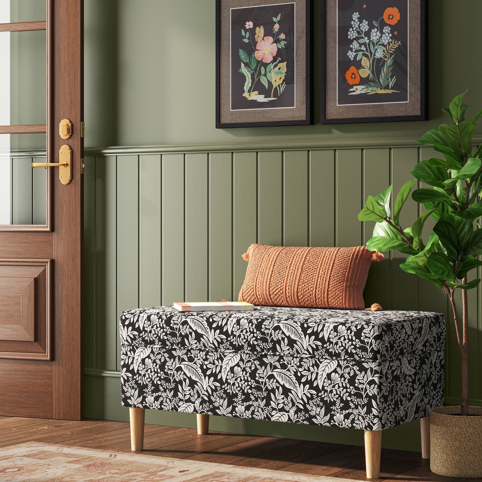 Rifle Paper Co. x Target Storage Bench Pomegranate: Upholstered Floral Design, Pine Frame, No Assembly Required