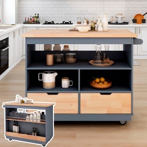 Mobile Two-Tier Kitchen Island with Rubberwood Surface, Ample Storage, Integrated Wine and Spice Shelves, Twin Drawers, and Three Open Sections - 1 of 4