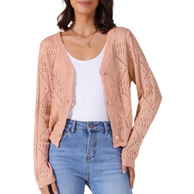 INSPIRE CHIC Women's Long Sleeve Button Down Knit Hollow Out V Neck Cropped Cardigans