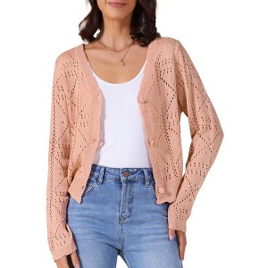 INSPIRE CHIC Women's Long Sleeve Button Down Knit Hollow Out V Neck Cropped Cardigans - 1 of 4