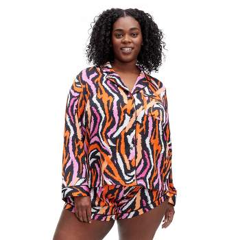 Women's 2pc Long Sleeve Notch Collar Top and Shorts Disco Zebra Pink Pajama Set - DVF for Target