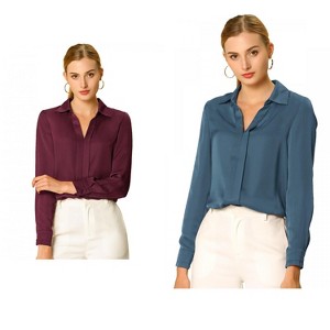 INSPIRE CHIC Women's Elegant V Neck Long Sleeve Office Work Satin Shirt 2 Packs - 1 of 4
