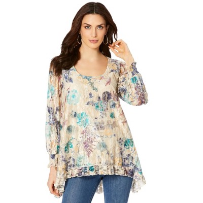 Roaman's Women's Plus Size Hi-Low Printed Lace Tunic