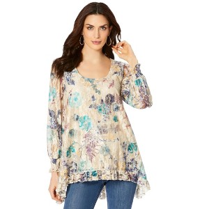 Roaman's Women's Plus Size Hi-Low Printed Lace Tunic - 1 of 4