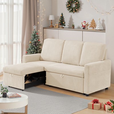 Buenhomino Modern Corduroy Upholstered Convertible Sofa with Pull Out Sleep Couch Bed and Hidden Storage for Compact Space Living Room,Beige