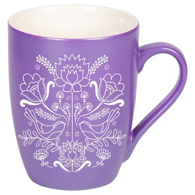 Elanze Designs Damask Threaded Floral Birds Passion Purple 10 ounce New Bone China Coffee Cup Mug