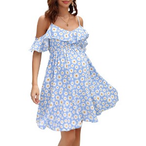 Maternity Nursing Dress Womens V-Neck Spaghetti Strap Ruffle Sleeve Daisy Floral Printed A-Line Tiered Flowy Swing Dress - 1 of 4