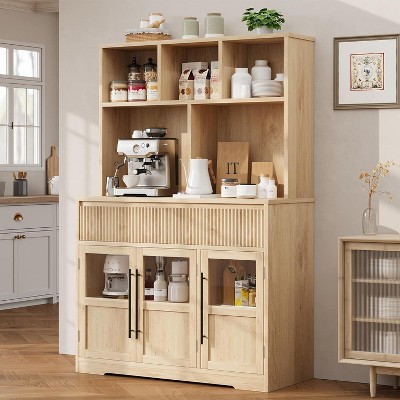 60" Kitchen Pantry Cabinet, Tall Kitchen Cabinet Pantry Cabinet with Glass Doors, Kitchen Cabinet with Drawers Coffee Bar Table