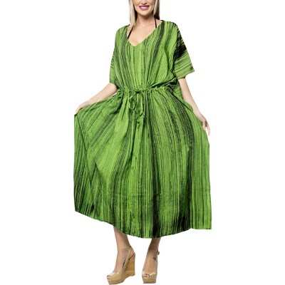 LA LEELA Women's House Daily Routine Evening Wear Holiday Casual Loungewear Oversize Caftan Maxi Boho Nightwear for Women 2X-3X Green, Tie Dye Design