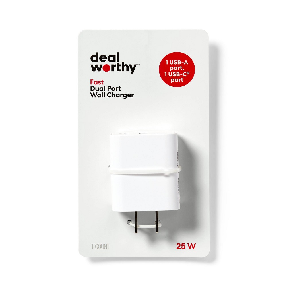 dual port 25w usb-a and usb-c wall charger - dealworthy™ white